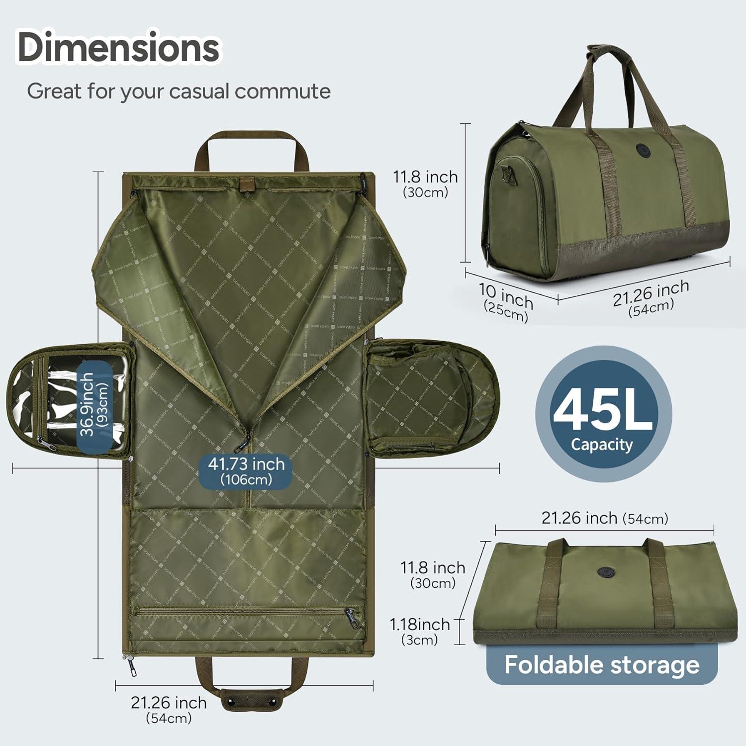imageConvertible Garment Bag 2in1 Carry On Garment Duffle Weekender 45L with Extended Shoe Compartment Waterproof Nylon Hanging Hook for Travel Business Men Army GreenGreen