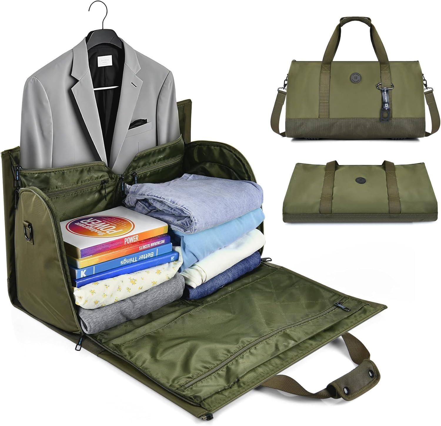 imageConvertible Garment Bag 2in1 Carry On Garment Duffle Weekender 45L with Extended Shoe Compartment Waterproof Nylon Hanging Hook for Travel Business Men Army GreenGreen