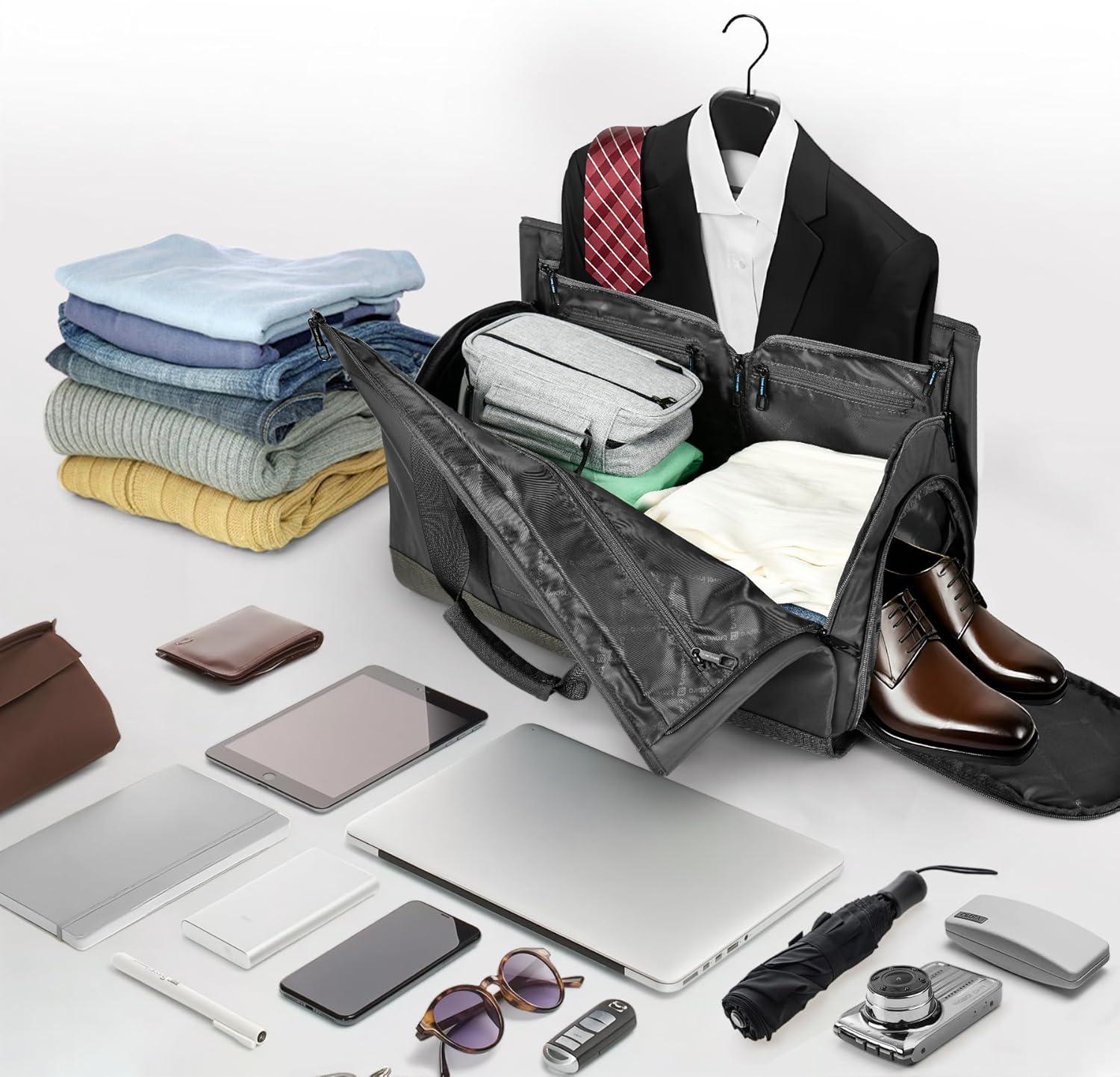 imageConvertible Garment Bag 2in1 Carry On Garment Duffle Weekender 45L with Extended Shoe Compartment Waterproof Nylon Hanging Hook for Travel Business Men Army GreenGrey