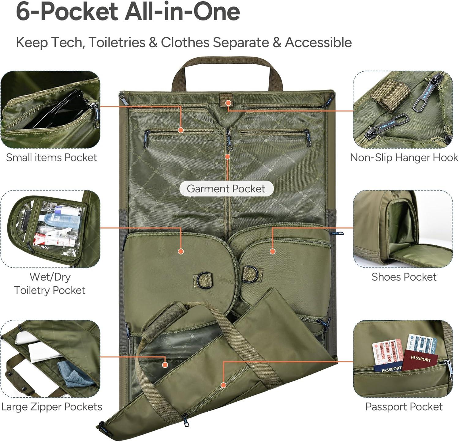 imageConvertible Garment Bag 2in1 Carry On Garment Duffle Weekender 45L with Extended Shoe Compartment Waterproof Nylon Hanging Hook for Travel Business Men Army GreenGreen