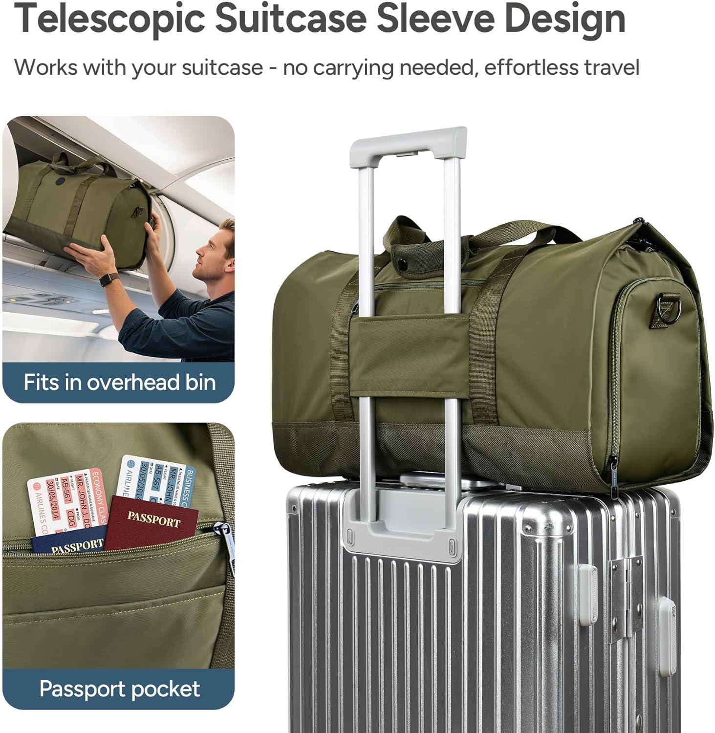 imageConvertible Garment Bag 2in1 Carry On Garment Duffle Weekender 45L with Extended Shoe Compartment Waterproof Nylon Hanging Hook for Travel Business Men Army GreenGreen