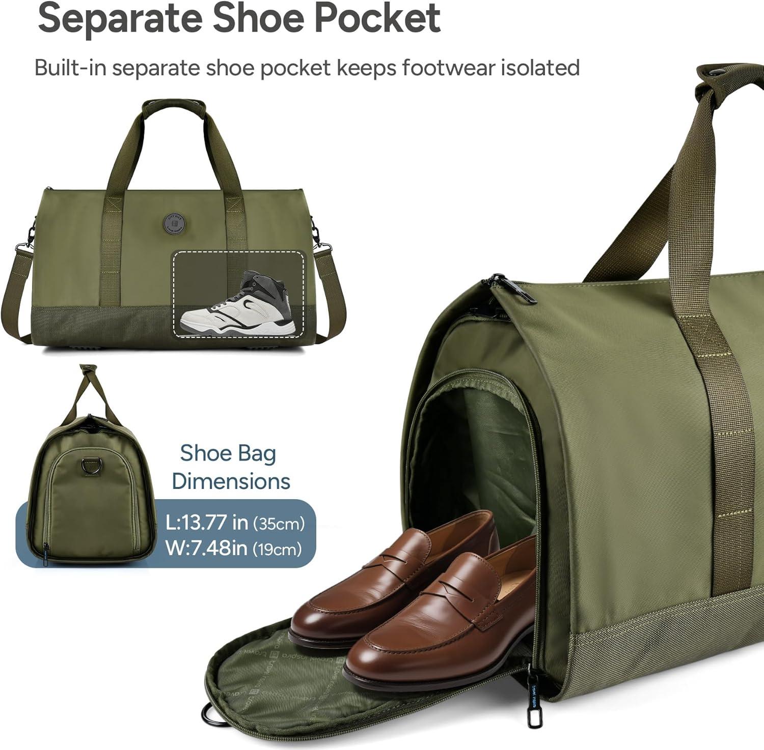 imageConvertible Garment Bag 2in1 Carry On Garment Duffle Weekender 45L with Extended Shoe Compartment Waterproof Nylon Hanging Hook for Travel Business Men Army GreenGreen