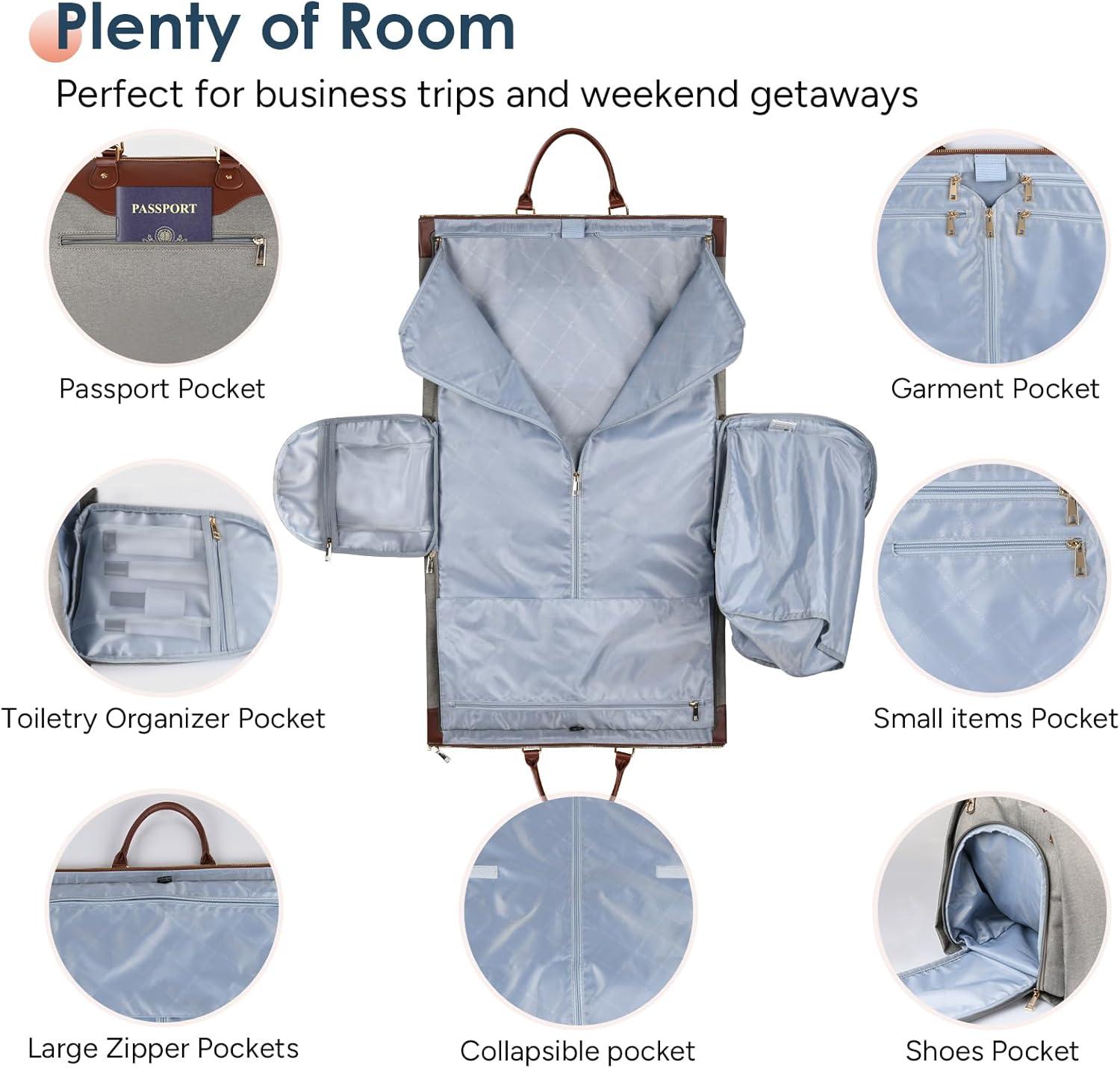 imageConvertible Garment Bag 2in1 Carry On Garment Duffle Weekender 45L with Extended Shoe Compartment Waterproof Nylon Hanging Hook for Travel Business Men Army GreenPU Grey