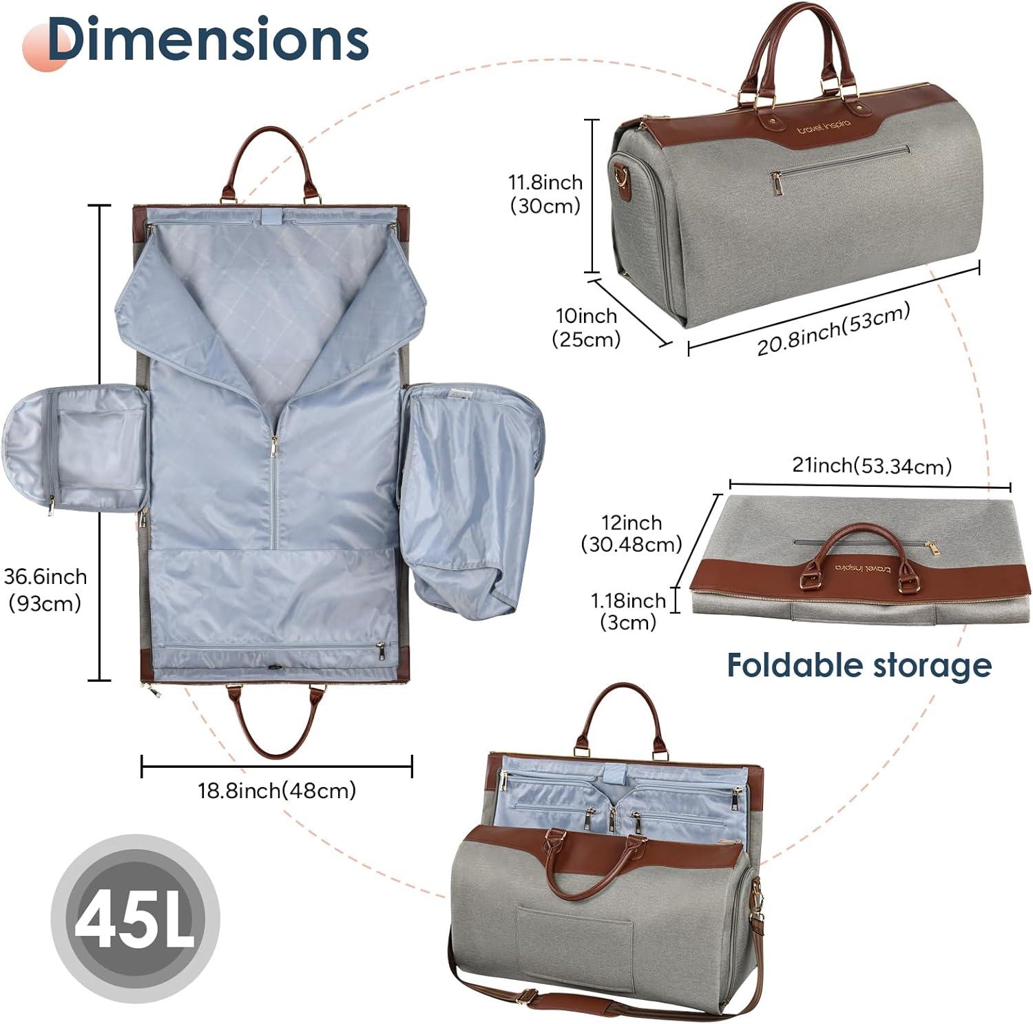 imageConvertible Garment Bag 2in1 Carry On Garment Duffle Weekender 45L with Extended Shoe Compartment Waterproof Nylon Hanging Hook for Travel Business Men Army GreenPU Grey