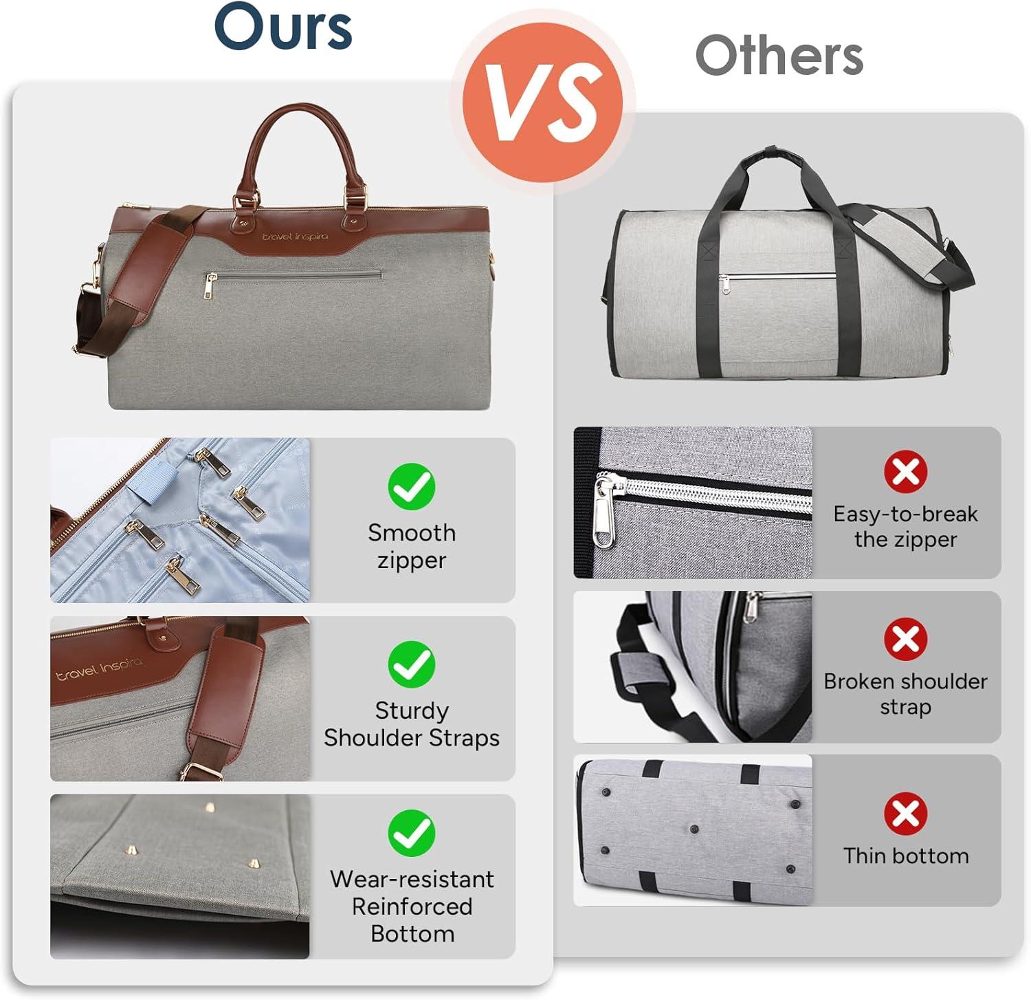 imageConvertible Garment Bag 2in1 Carry On Garment Duffle Weekender 45L with Extended Shoe Compartment Waterproof Nylon Hanging Hook for Travel Business Men Army GreenPU Grey