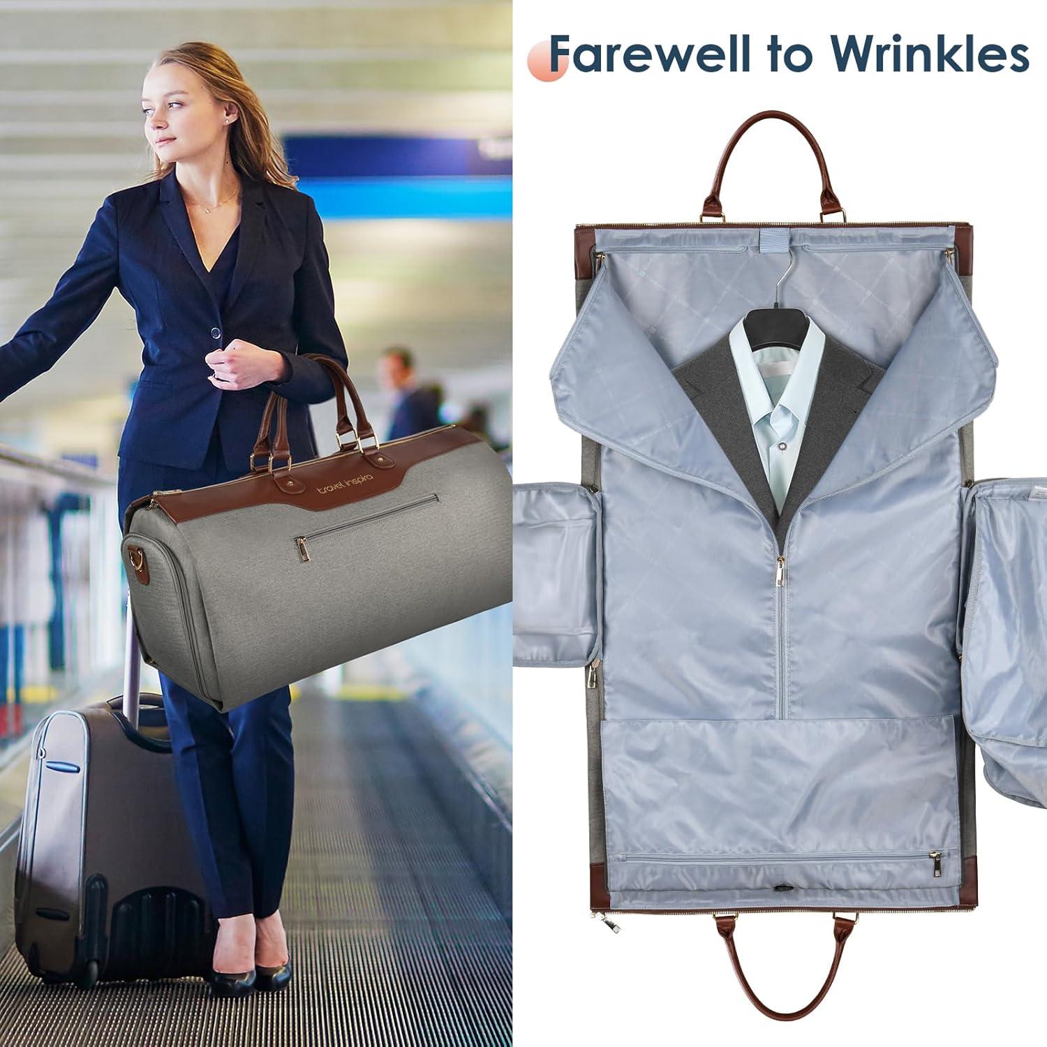 imageConvertible Garment Bag 2in1 Carry On Garment Duffle Weekender 45L with Extended Shoe Compartment Waterproof Nylon Hanging Hook for Travel Business Men Army GreenPU Grey