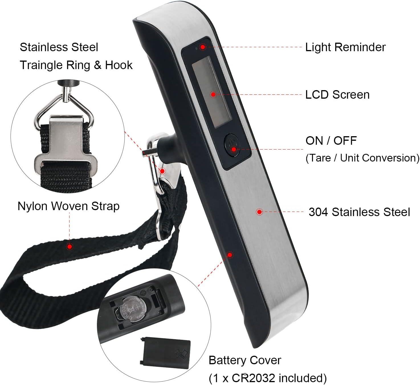 imagetravel inspira Luggage Scale Portable Digital Hanging Baggage Scale for Travel Suitcase Weight Scale with Rubber Paint 110 Pounds Battery IncludedBlack Stainless steel