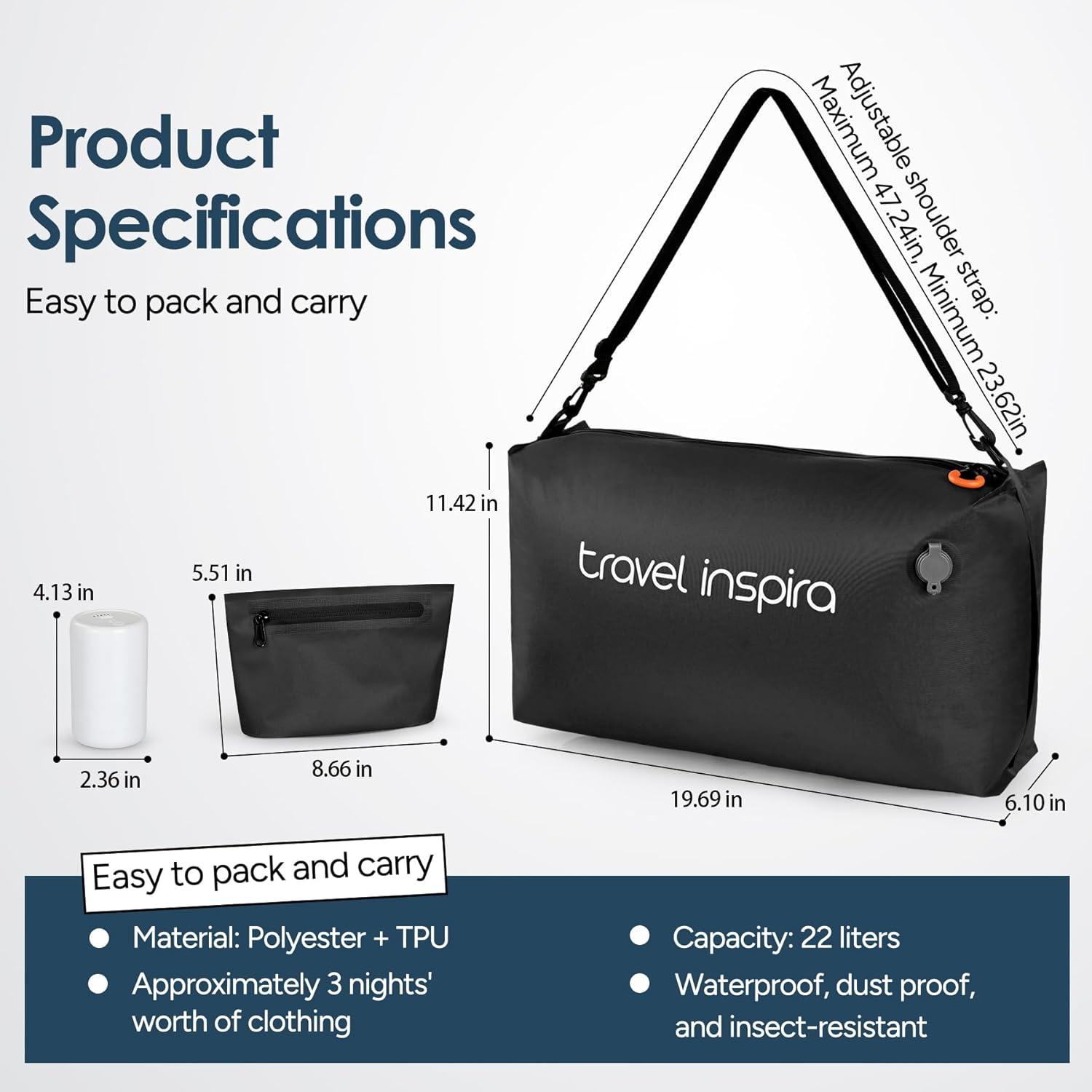 imageVacuum Compression Bags IP67 Waterproof with Shoulder Strap Reusable Travel Space Saver for Carry On Suitcases and BackpackBlack2PCWith Pump