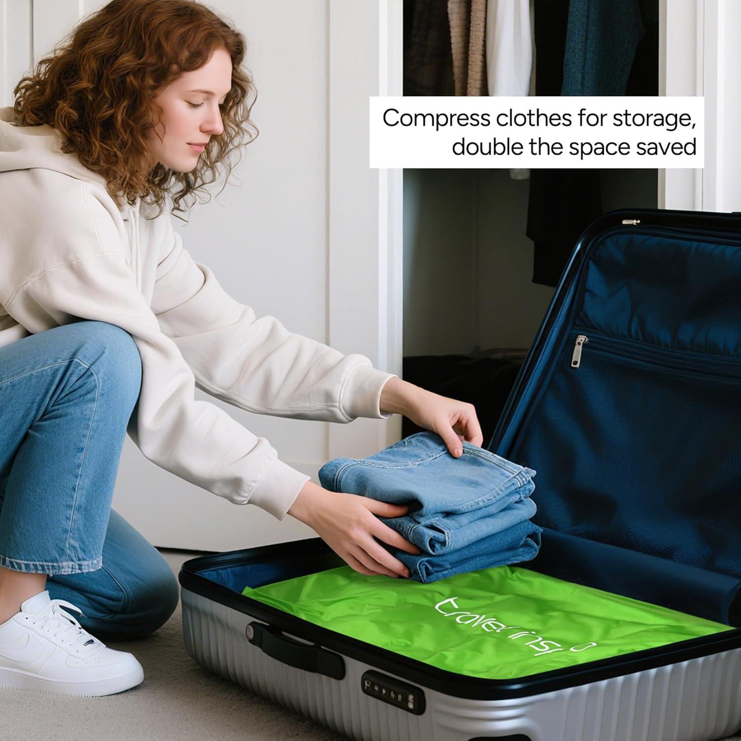 imageVacuum Compression Bags IP67 Waterproof with Shoulder Strap Reusable Travel Space Saver for Carry On Suitcases and BackpackGreen1PCNo Pump