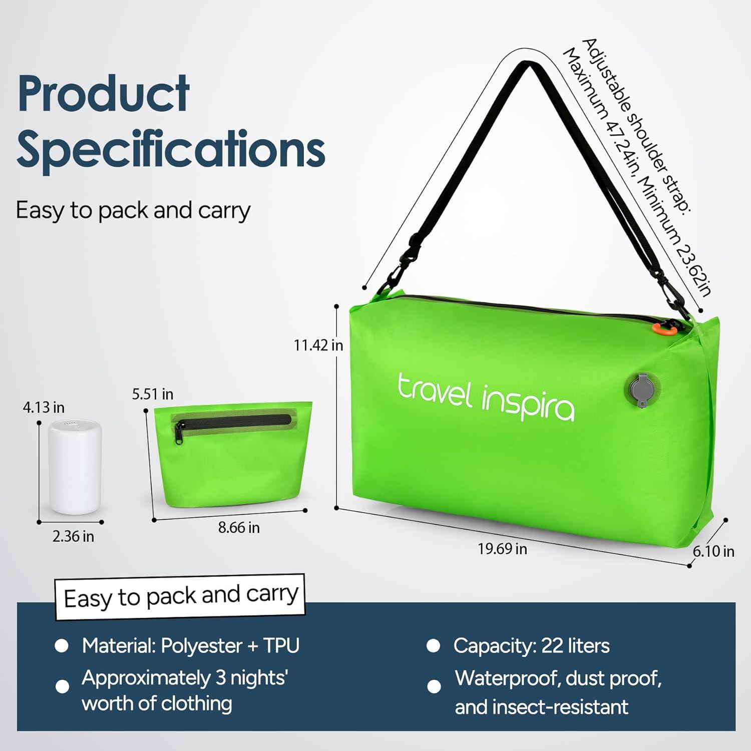 imageVacuum Compression Bags IP67 Waterproof with Shoulder Strap Reusable Travel Space Saver for Carry On Suitcases and BackpackGreen1PCWith Pump