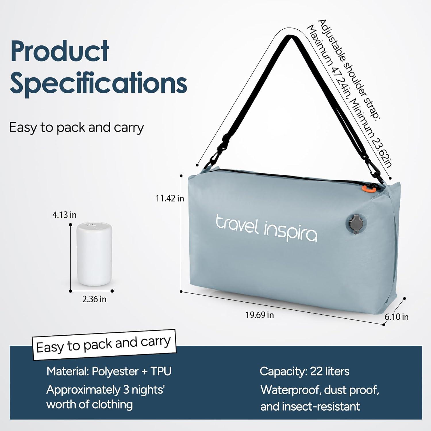 imageVacuum Compression Bags IP67 Waterproof with Shoulder Strap Reusable Travel Space Saver for Carry On Suitcases and BackpackGrey Blue1PCWith Pump