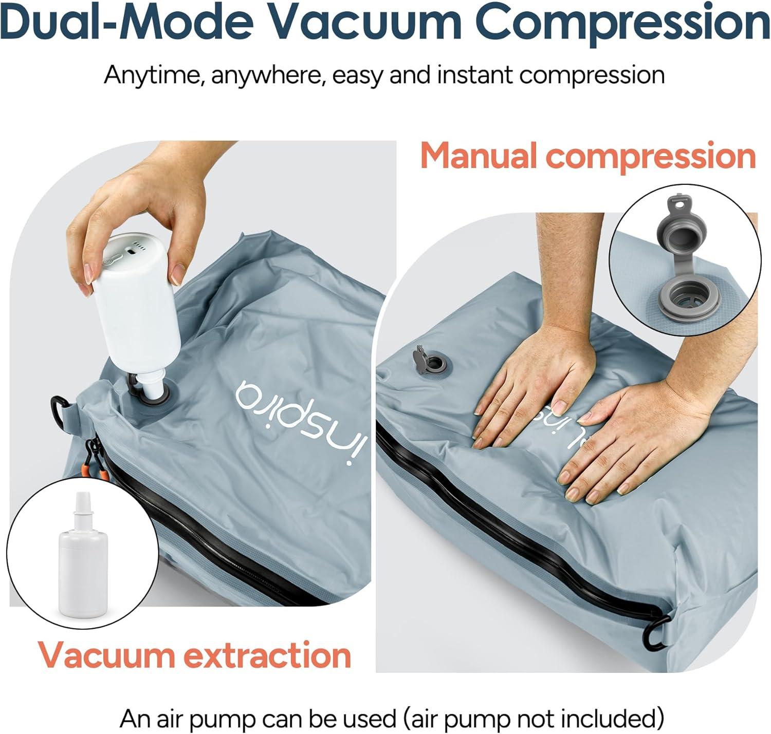 imageVacuum Compression Bags IP67 Waterproof with Shoulder Strap Reusable Travel Space Saver for Carry On Suitcases and BackpackGrey Blue2PCWith Pump