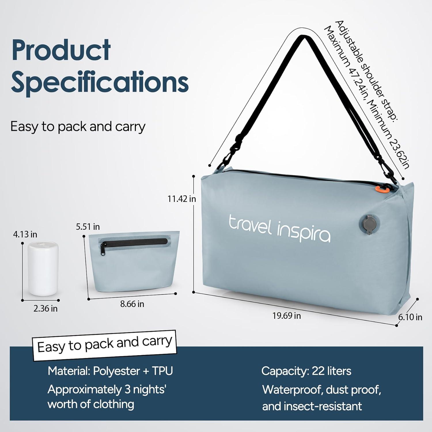 imageVacuum Compression Bags IP67 Waterproof with Shoulder Strap Reusable Travel Space Saver for Carry On Suitcases and BackpackGrey Blue2PCWith Pump