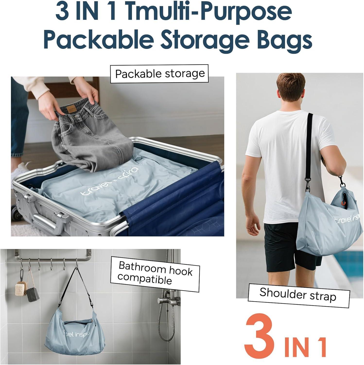 imageVacuum Compression Bags IP67 Waterproof with Shoulder Strap Reusable Travel Space Saver for Carry On Suitcases and BackpackGrey Blue2PCWith Pump