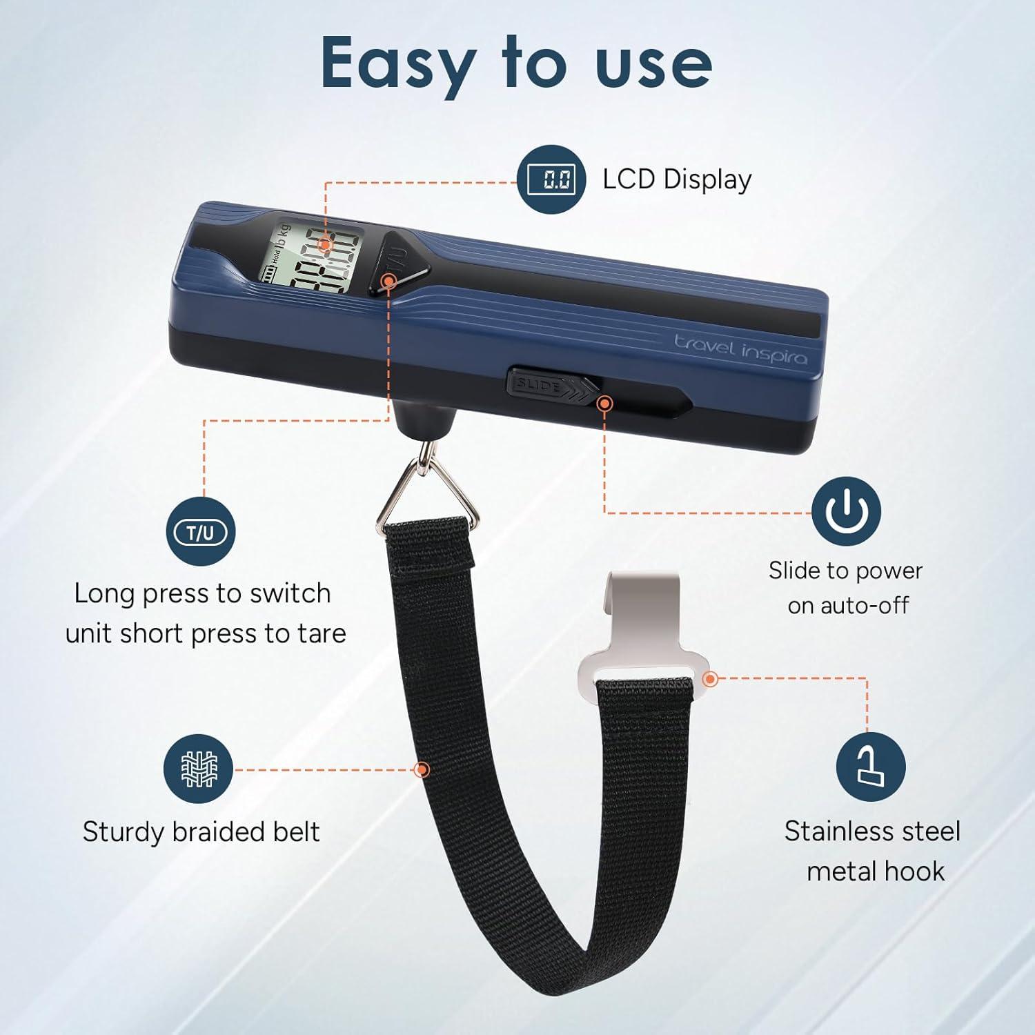 imagetravel inspira Luggage Scale BatteryFree Travel Essentials Portable Handheld Digital Suitcase Weight Scale for for Travel Accessories 110lbs50kg Dark BlueBlueLarge Handle