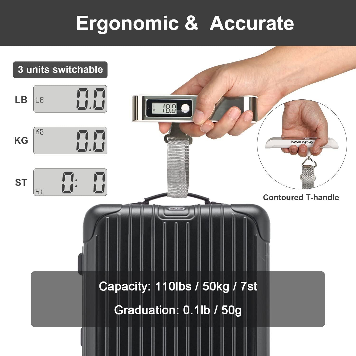 imagetravel inspira Luggage Scale Portable Digital Hanging Baggage Scale for Travel Suitcase Weight Scale with Rubber Paint 110 Pounds Battery IncludedWhite Stainless steel