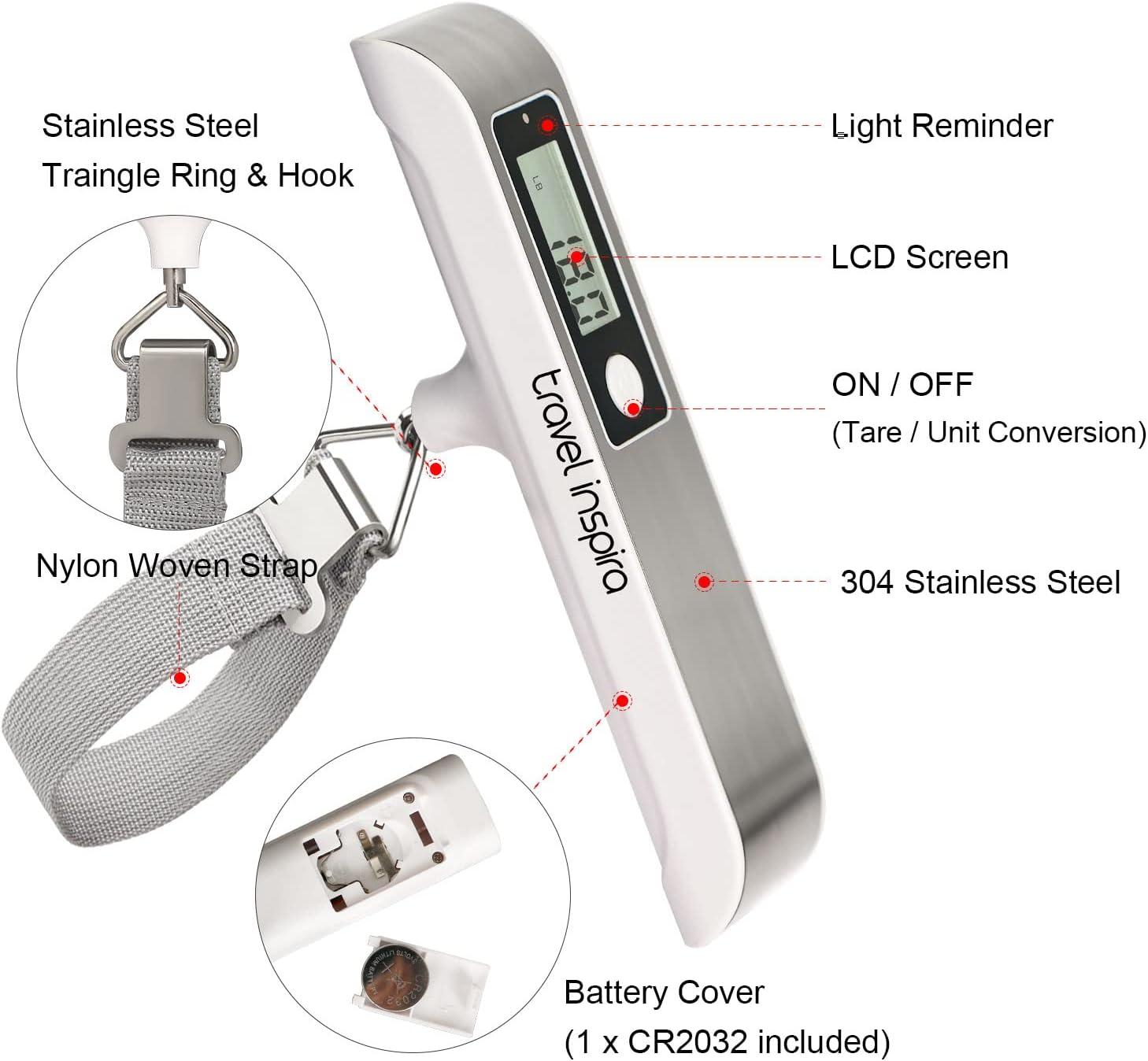 imagetravel inspira Luggage Scale Portable Digital Hanging Baggage Scale for Travel Suitcase Weight Scale with Rubber Paint 110 Pounds Battery IncludedWhite Stainless steel