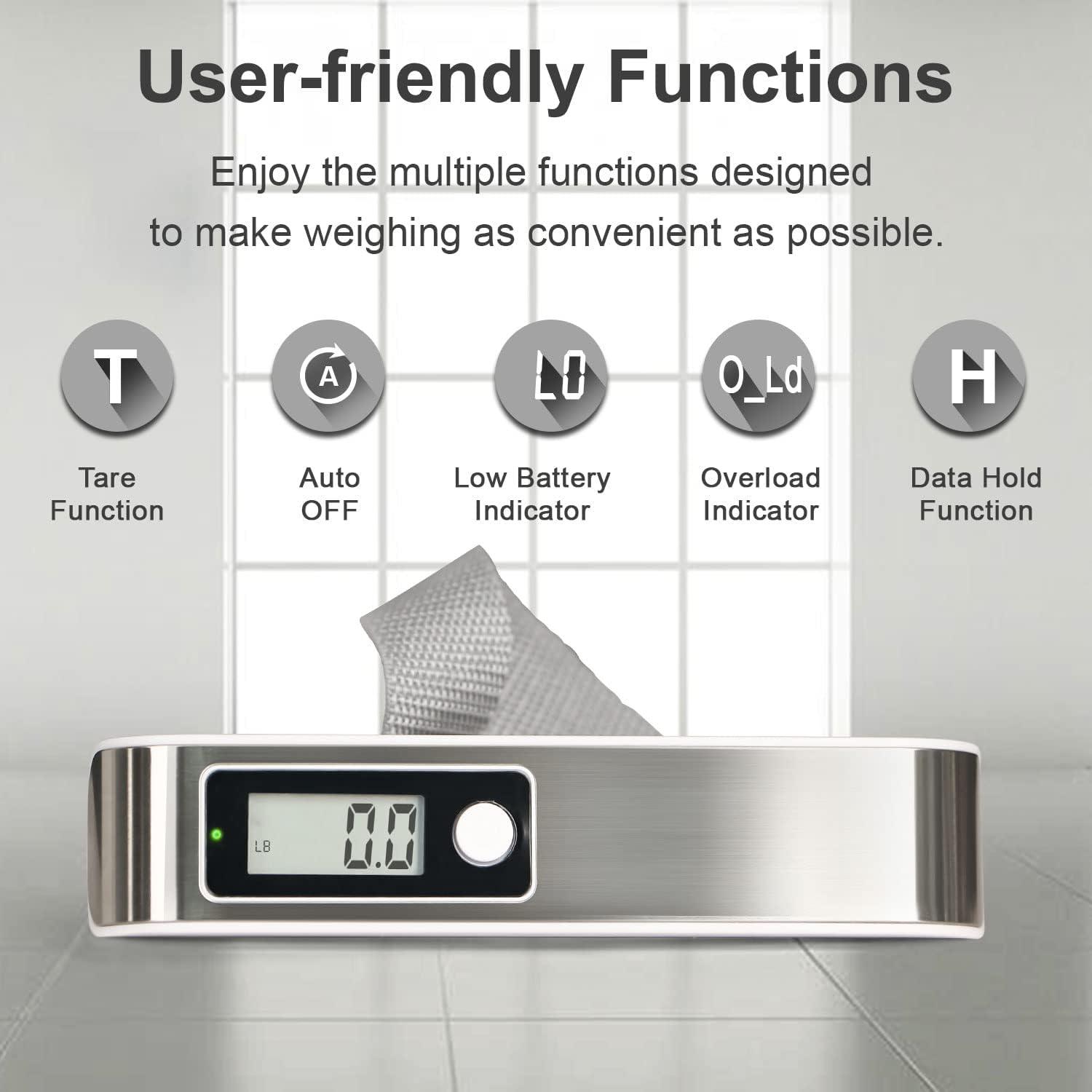 imagetravel inspira Luggage Scale Portable Digital Hanging Baggage Scale for Travel Suitcase Weight Scale with Rubber Paint 110 Pounds Battery IncludedWhite Stainless steel