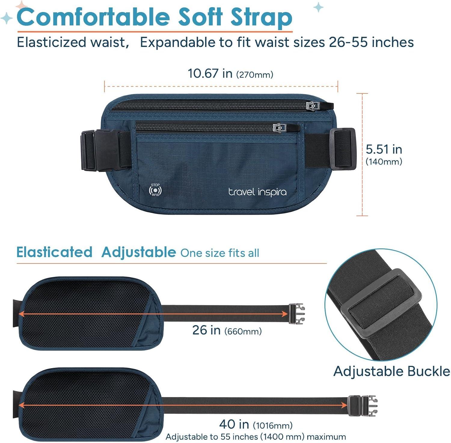 imagetravel inspira Travel Money Belt with Slim AntiTheft RFID Blocking Passport Holder for Travel Concealed under Clothes for Ultimate Protection of Credit Cards Cash Passport ampamp Documents BlackNavy Blue