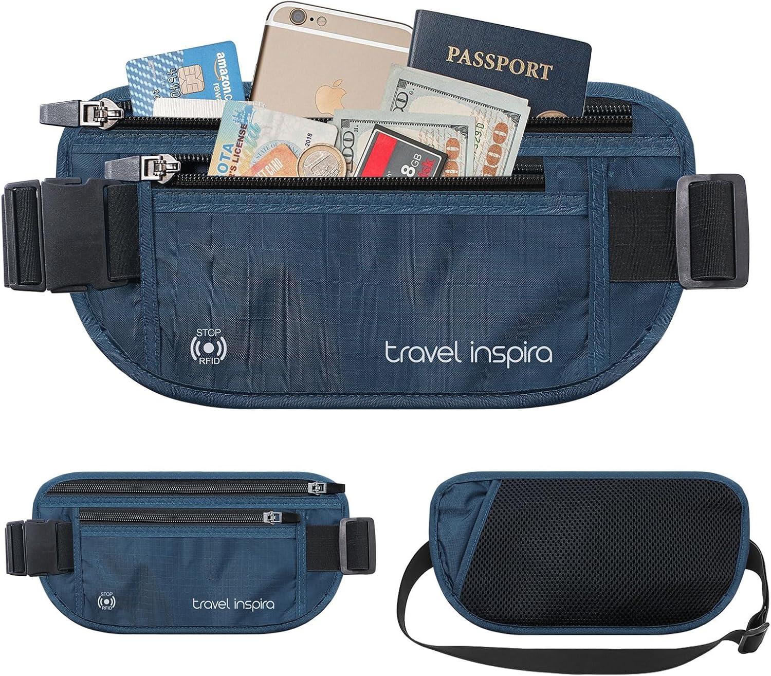 imagetravel inspira Travel Money Belt with Slim AntiTheft RFID Blocking Passport Holder for Travel Concealed under Clothes for Ultimate Protection of Credit Cards Cash Passport ampamp Documents BeigeNavy Blue