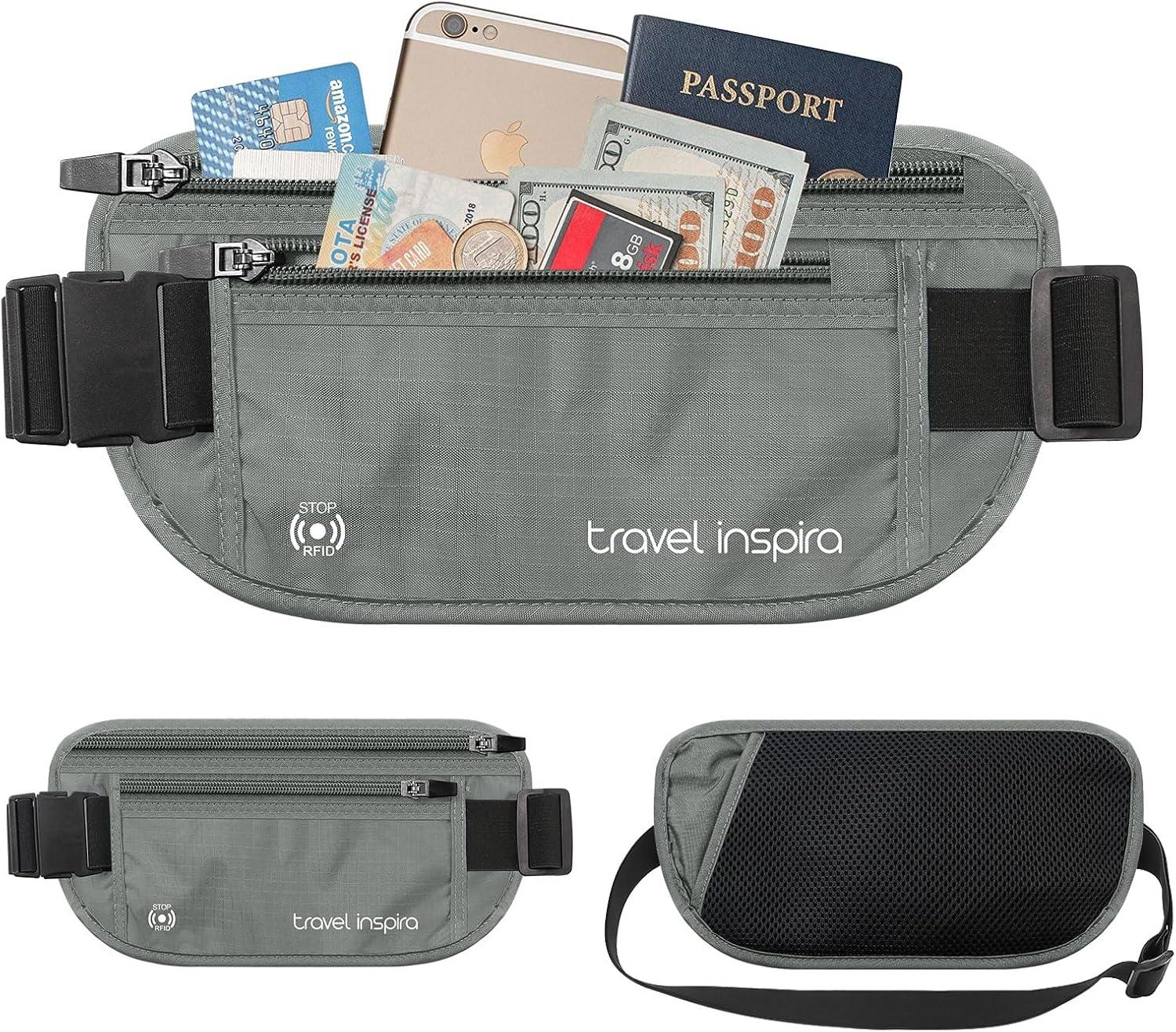 imagetravel inspira Travel Money Belt with Slim AntiTheft RFID Blocking Passport Holder for Travel Concealed under Clothes for Ultimate Protection of Credit Cards Cash Passport ampamp Documents BlackGrey