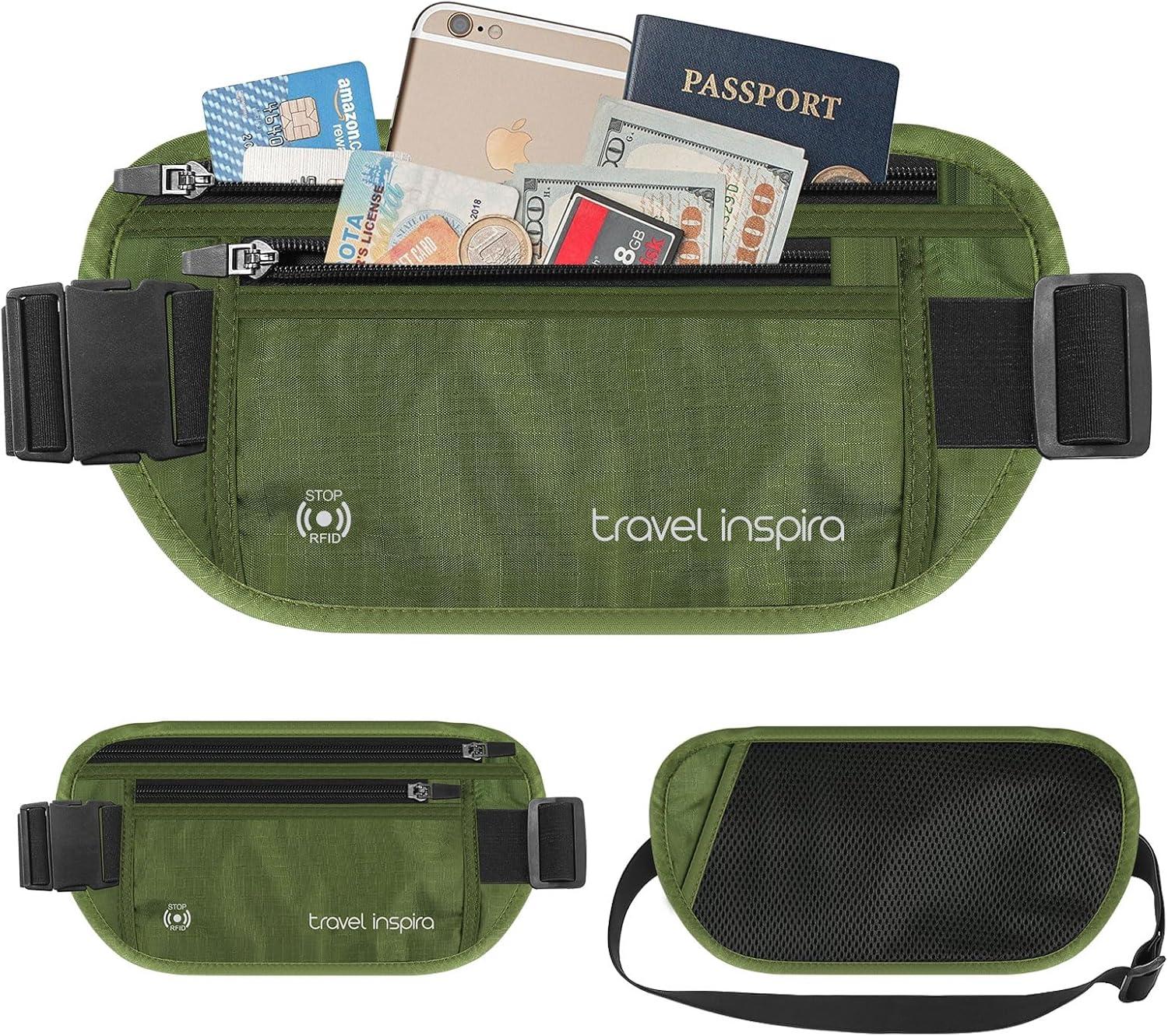 imagetravel inspira Travel Money Belt with Slim AntiTheft RFID Blocking Passport Holder for Travel Concealed under Clothes for Ultimate Protection of Credit Cards Cash Passport ampamp Documents BeigeGreen