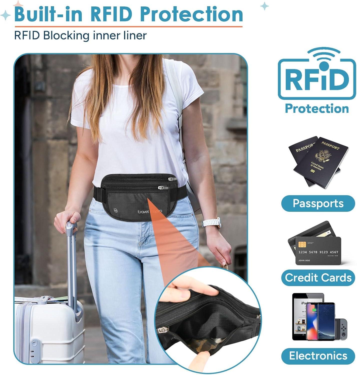 imagetravel inspira Travel Money Belt with Slim AntiTheft RFID Blocking Passport Holder for Travel Concealed under Clothes for Ultimate Protection of Credit Cards Cash Passport ampamp Documents BlackBlack