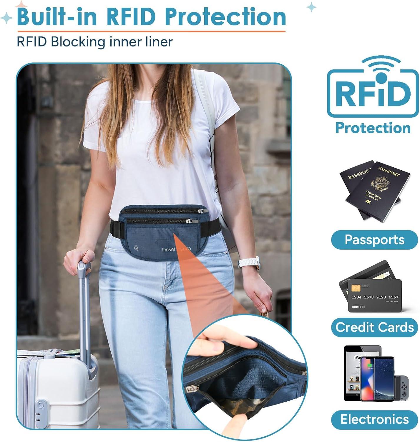 imagetravel inspira Travel Money Belt with Slim AntiTheft RFID Blocking Passport Holder for Travel Concealed under Clothes for Ultimate Protection of Credit Cards Cash Passport ampamp Documents BeigeNavy Blue