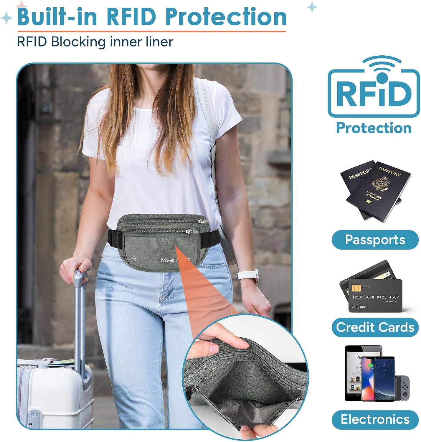 imagetravel inspira Travel Money Belt with Slim AntiTheft RFID Blocking Passport Holder for Travel Concealed under Clothes for Ultimate Protection of Credit Cards Cash Passport ampamp Documents BlackGrey