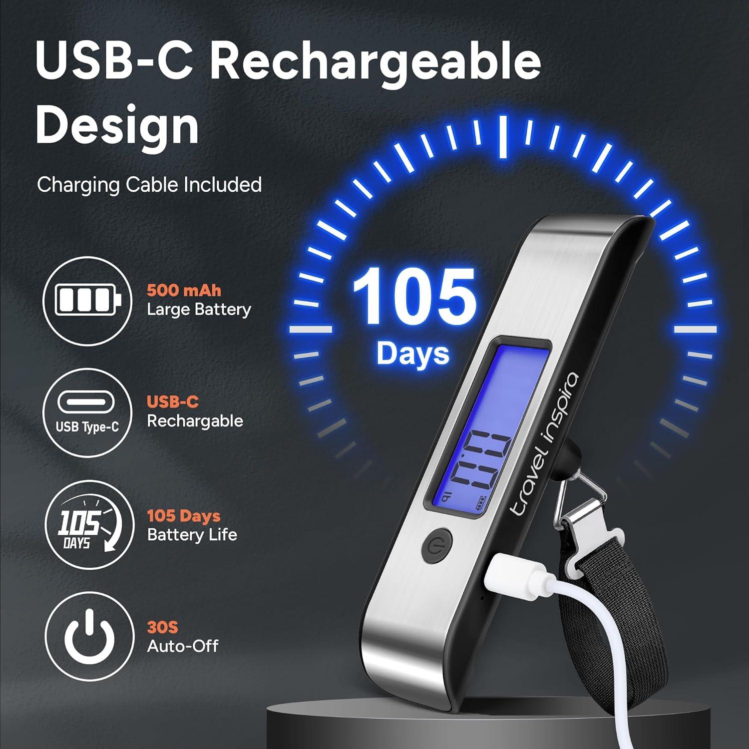 imagetravel inspira Rechargeable Luggage Scale 110lb50kg  Large Backlit Display  Stainless Steel  Portable Digital Hanging Scale for Suitcases Bags Packages USB C Charging Included