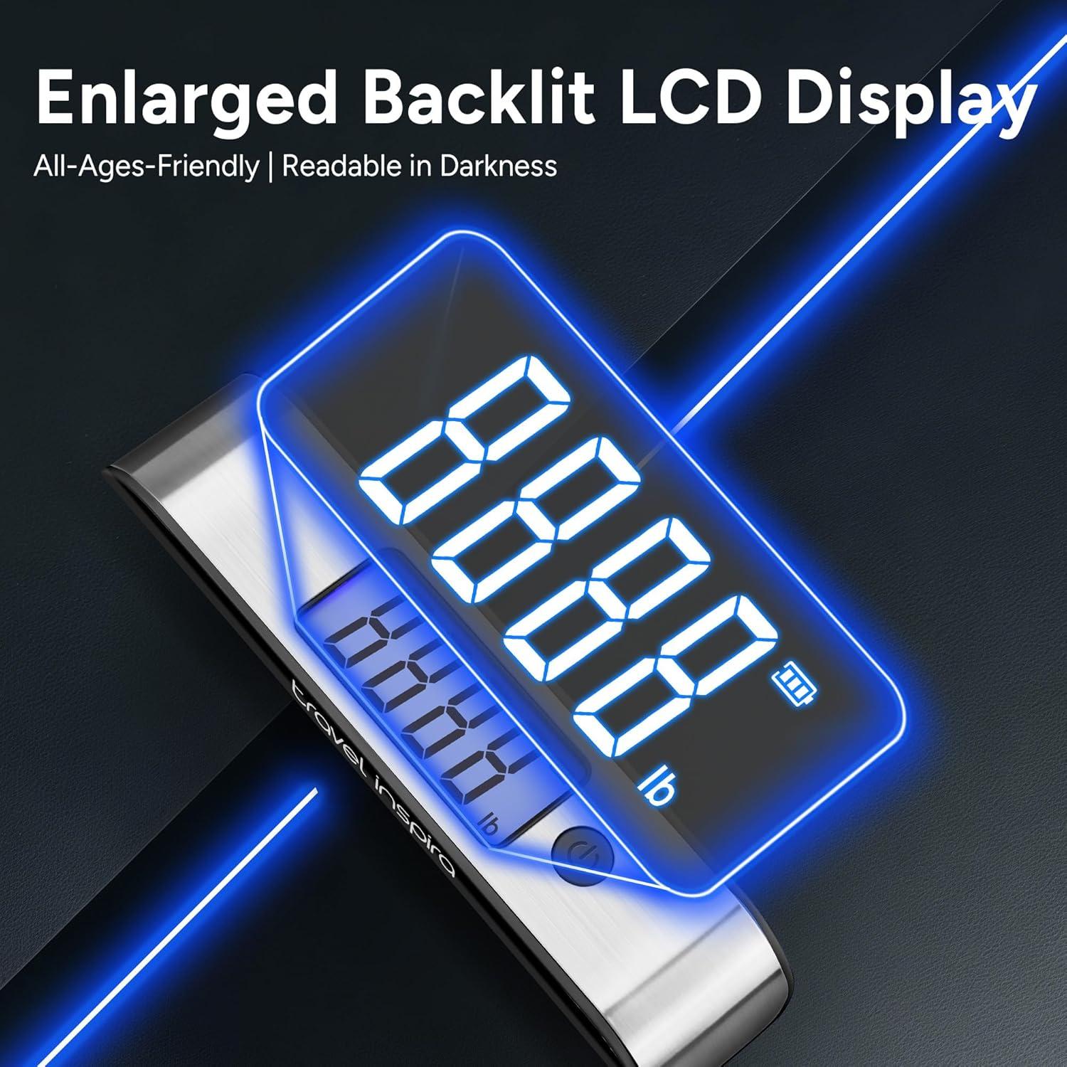 imagetravel inspira Rechargeable Luggage Scale 110lb50kg  Large Backlit Display  Stainless Steel  Portable Digital Hanging Scale for Suitcases Bags Packages USB C Charging Included