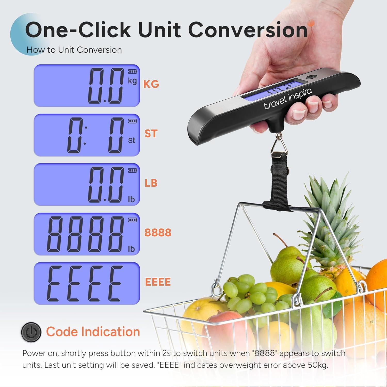 imagetravel inspira Rechargeable Luggage Scale 110lb50kg  Large Backlit Display  Stainless Steel  Portable Digital Hanging Scale for Suitcases Bags Packages USB C Charging Included