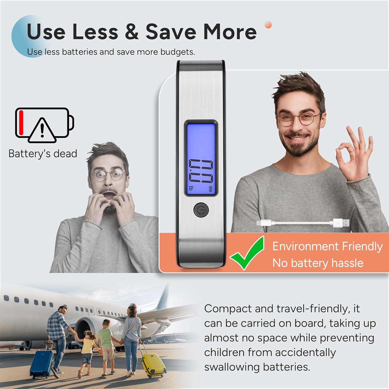 imagetravel inspira Rechargeable Luggage Scale 110lb50kg  Large Backlit Display  Stainless Steel  Portable Digital Hanging Scale for Suitcases Bags Packages USB C Charging Included