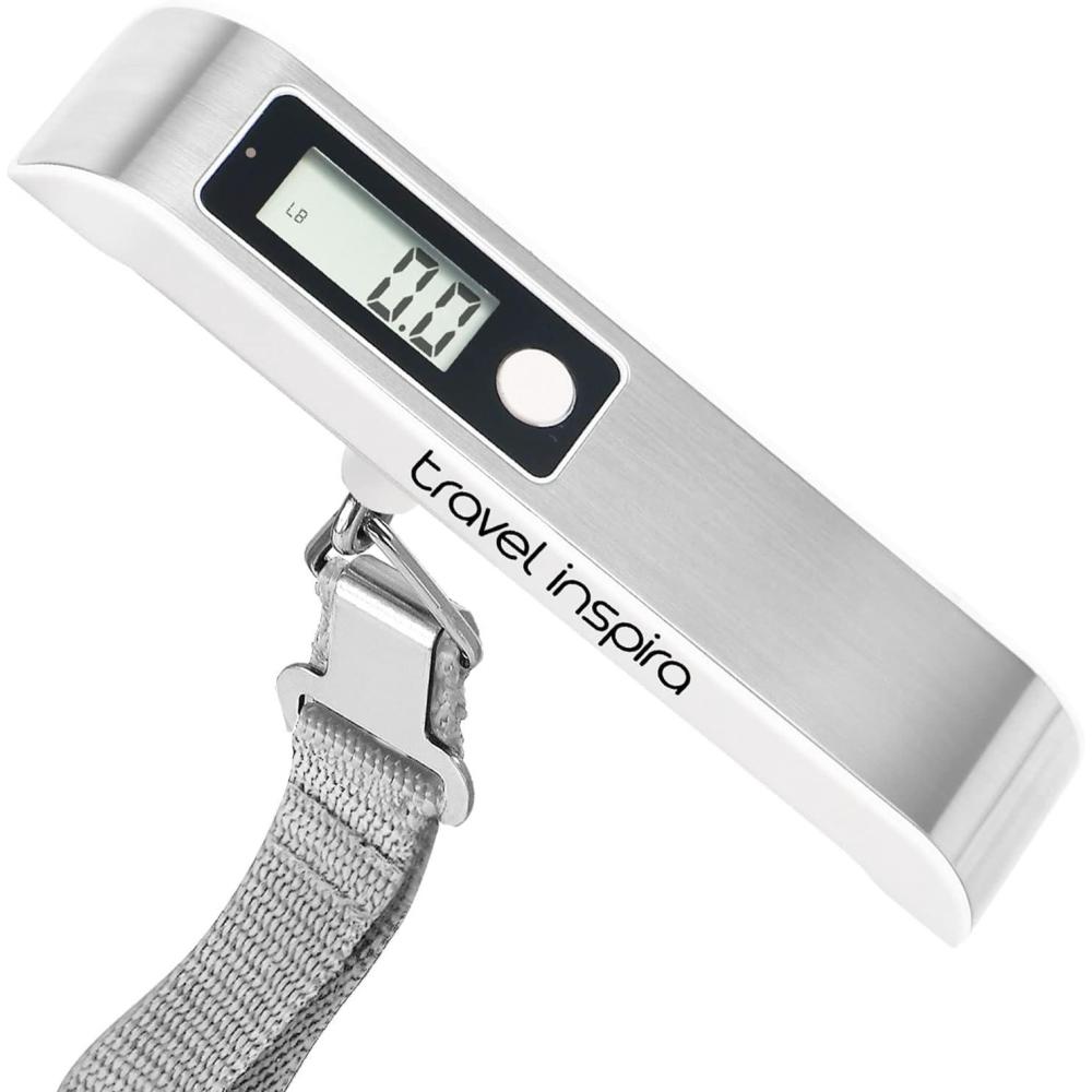 imagetravel inspira Luggage Scale Portable Digital Hanging Baggage Scale for Travel Suitcase Weight Scale with Rubber Paint 110 Pounds Battery IncludedWhite Stainless steel