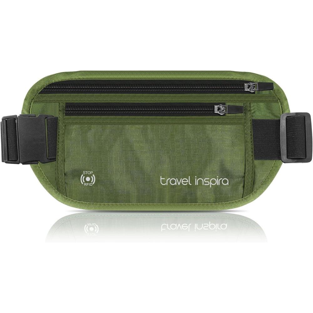 imagetravel inspira Travel Money Belt with Slim AntiTheft RFID Blocking Passport Holder for Travel Concealed under Clothes for Ultimate Protection of Credit Cards Cash Passport ampamp Documents BeigeGreen