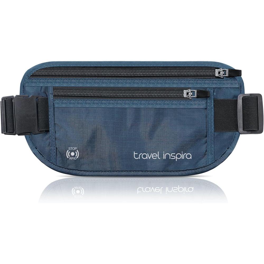 imagetravel inspira Travel Money Belt with Slim AntiTheft RFID Blocking Passport Holder for Travel Concealed under Clothes for Ultimate Protection of Credit Cards Cash Passport ampamp Documents BeigeNavy Blue