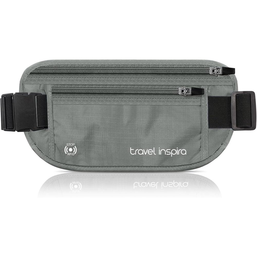 imagetravel inspira Travel Money Belt with Slim AntiTheft RFID Blocking Passport Holder for Travel Concealed under Clothes for Ultimate Protection of Credit Cards Cash Passport ampamp Documents BlackGrey