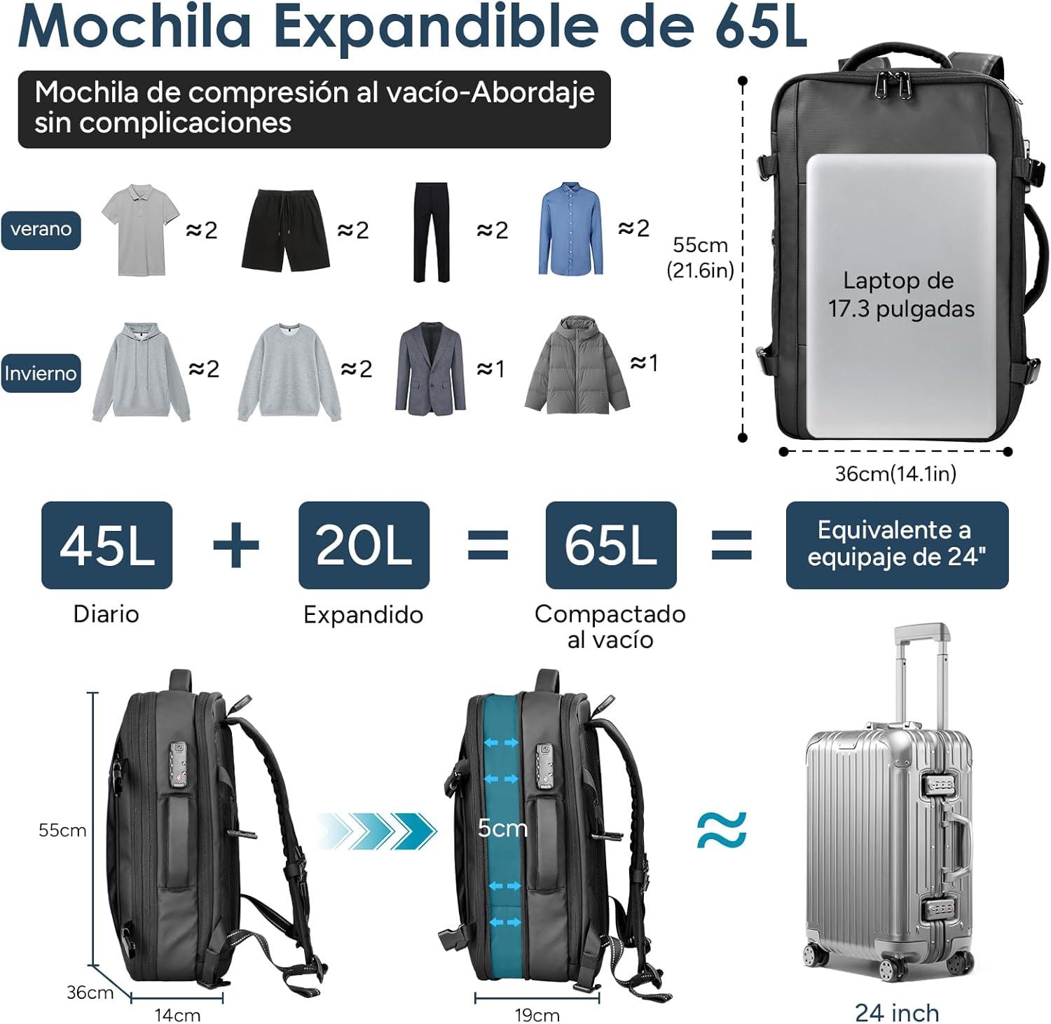 imagetravel inspira Vacuum Compression Backpack 65L Carry On Backpack with Electric Pump TSA Lock Water Resistant Laptop Compartment for Travel Camping Business Weekend Trips