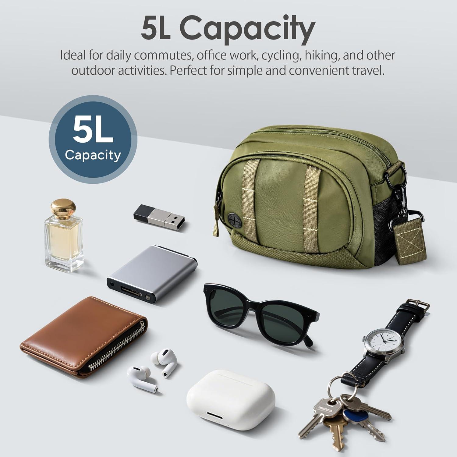 imageLightweight Crossbody Bag 5L Unisex Sling Pack Shoulder Bags AntiTheft USB ChargingArmy Green